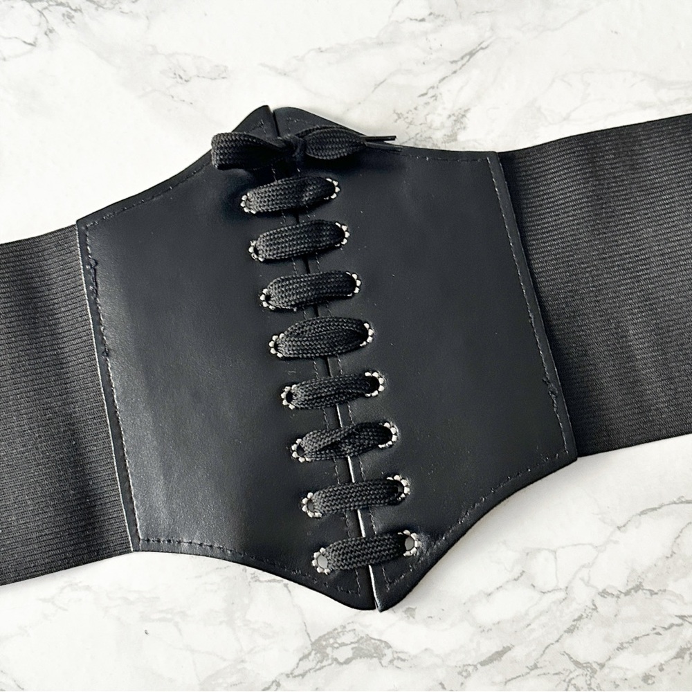 Corset Style Rose Embroidered Black Faux Leather Wide Waist Belt Lace Up Front - Picture 8 of 10